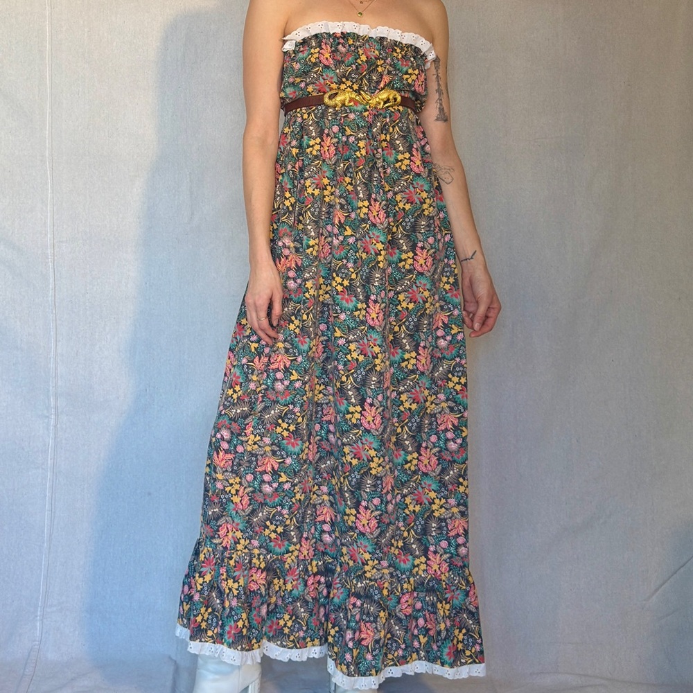 70s Vintage Brown Floral Prairie Strapless Cottagecore Maxi Dress